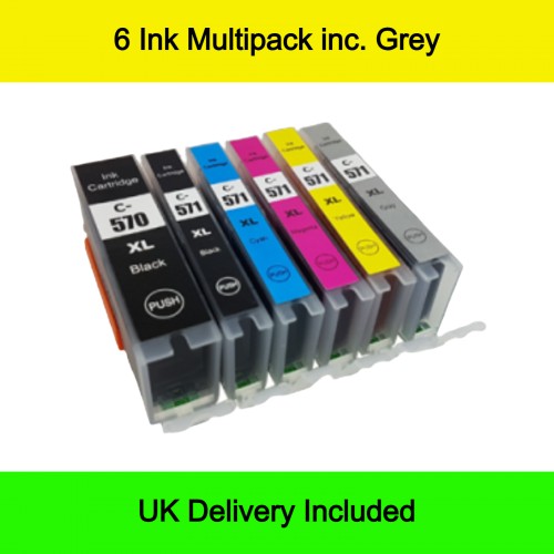 1 Multipack inc. Grey - 6 Compatible Ink Cartridges - Replaces Canon PGI-570XL & CLI-571XL