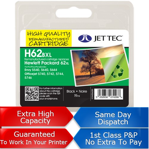 Jettec Remanufactured HP 62XL High Yield Black Ink Cartridge (19ml)