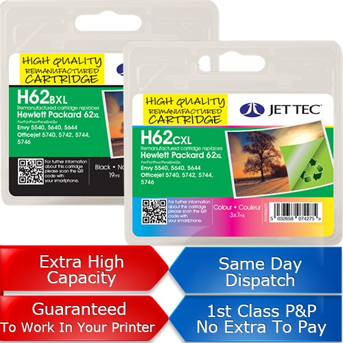 Compatible HP 62XL 2-pack High Yield Black and Tri-color Ink Cartridges (38ml)