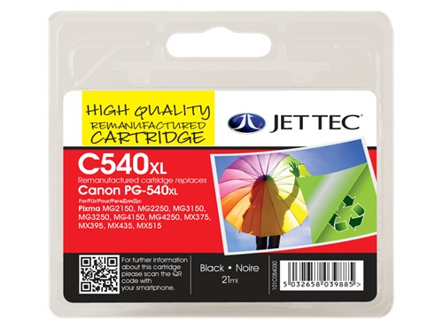 Jettec Remanufactured Canon PG-540XL High Yield Black Ink Cartridge (21ml)