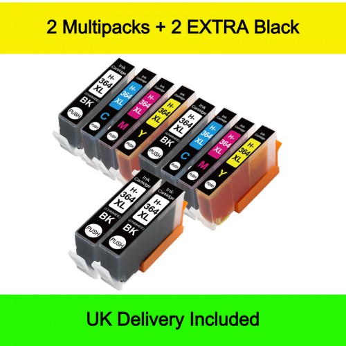 10 Ink Pack - Compatible HP 364XL High Capacity Ink Cartridges -  2 Multipacks (BCMY) + 2 EXTRA Black