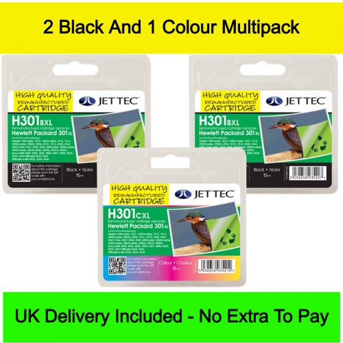 Jettec Recycled HP 301XL Extra High Capacity Ink Cartridges Triple Combo Pack (48ml)