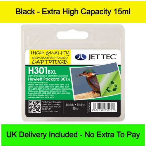 Jettec Recycled HP 301XL Extra High Capacity Black Ink Cartridge (15ml)
