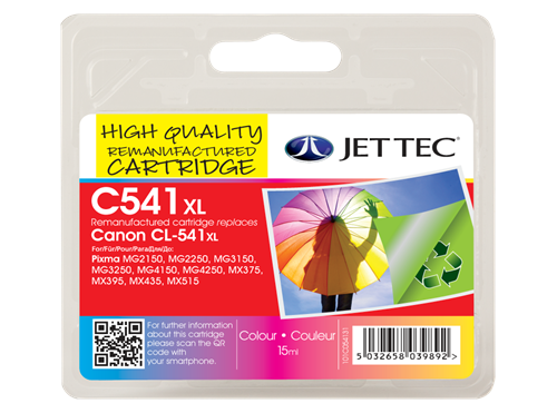 Jettec Remanufactured Canon CL-541XL High Yield C/M/Y Colour Ink Cartridge (15ml)